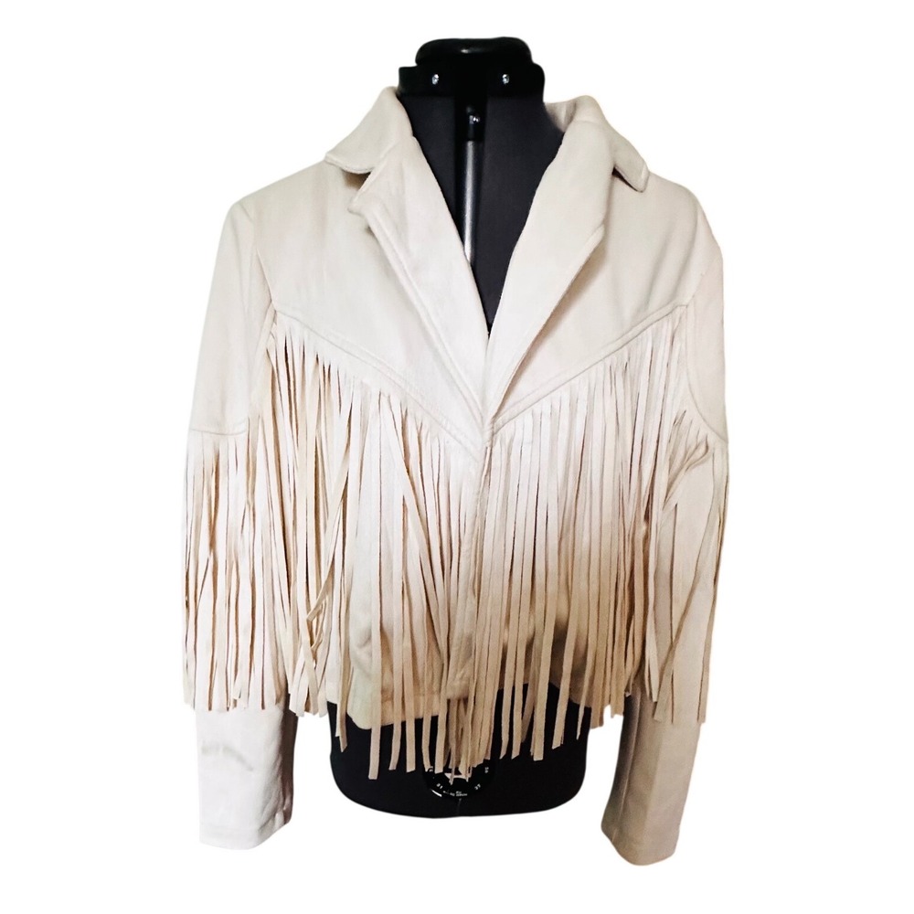 Womens Faux Suede Fringe Jacket Cream Moto Style Western Boho Chic Size M‎